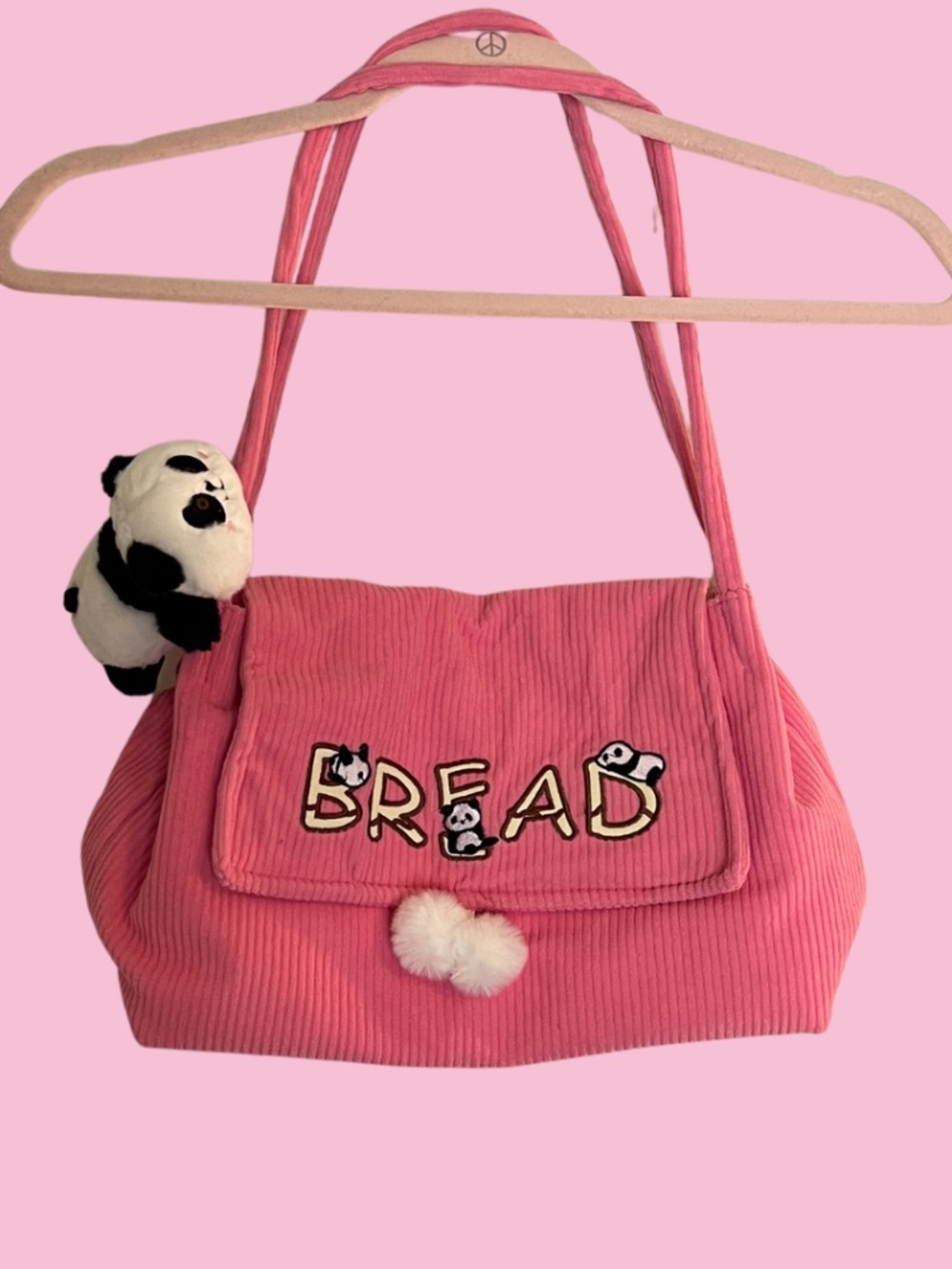 Pink Corduroy Kawaii Shoulder Bag With Panda Bag Charm
